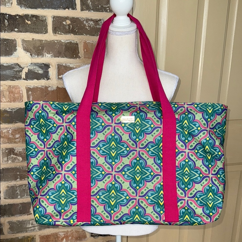 Jane Marie Waterproof Oversized Beach Bag “Check Me Out” Pink Green Paisley Tote